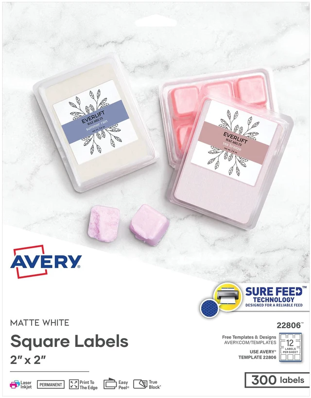 Main image of Printable Square Labels, 2" x 2", Matte White, Laser & Inkjet Compatible, 300 Blank Labels per Pack, Great for High-Volume Branding, Packaging, Events, and More (5-Pack of 22806)