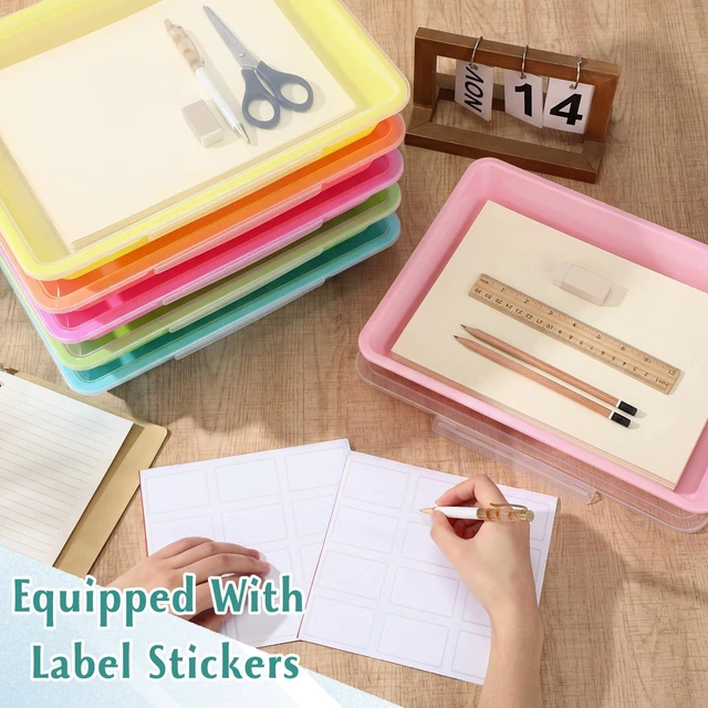 Alt view image 5 of 6 - 12 Pcs Classroom Paper Storage Bins with Clear Latching Lids Labels, Letter Size Stackable Flat Trays Container Paper Organizer for Teacher Back to School Office Arts Crafts (Macaron,13x10in)