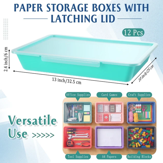 Alt view image 2 of 6 - 12 Pcs Classroom Paper Storage Bins with Clear Latching Lid, Label Stackable Letter Size Flat Tray Container for Teacher Back to School Supplies Home Office Desk Arts Crafts (Vibrant,13x10in)