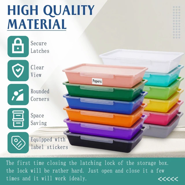 Alt view image 3 of 6 - 12 Pcs Classroom Paper Storage Bins with Clear Latching Lid, Label Stackable Letter Size Flat Tray Container for Teacher Back to School Supplies Home Office Desk Arts Crafts (Vibrant,13x10in)