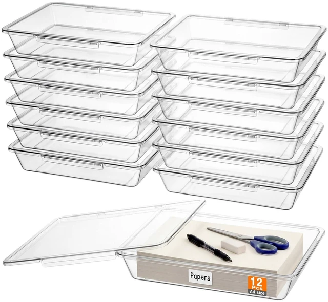 Main image of 12 Pcs Classroom Paper Storage Bins with Clear Latching Lids Labels, Letter Size Stackable Flat Trays Container Paper Organizer for Teacher Back to School Office Arts Crafts (Clear,13x10in)