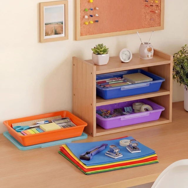 Alt view image 6 of 6 - 12 Pcs Classroom Paper Storage Bins with Clear Latching Lid, Label Stackable Letter Size Flat Tray Container for Teacher Back to School Supplies Home Office Desk Arts Crafts (Vibrant,13x10in)