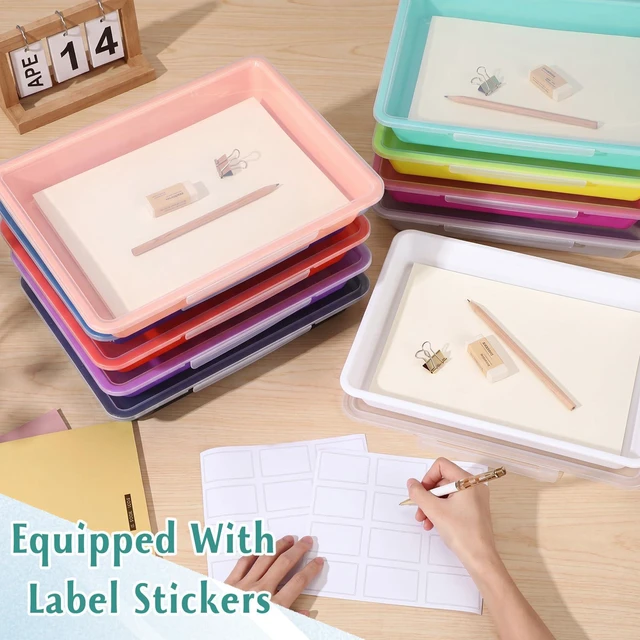 Alt view image 5 of 6 - 12 Pcs Classroom Paper Storage Bins with Clear Latching Lid, Label Stackable Letter Size Flat Tray Container for Teacher Back to School Supplies Home Office Desk Arts Crafts (Vibrant,13x10in)
