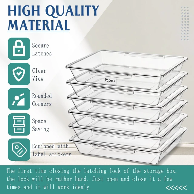 Alt view image 3 of 6 - 12 Pcs Classroom Paper Storage Bins with Clear Latching Lids Labels, Letter Size Stackable Flat Trays Container Paper Organizer for Teacher Back to School Office Arts Crafts (Clear,13x10in)