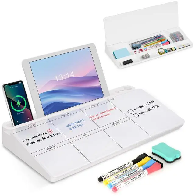 Main image of Desktop Glass Whiteboard with Storage, Weekly Calendar Desk White Board Computer Keyboard Stand, Office Desk Organizers and Accessories with Drawer, To Do Memo Notepad, Home School Supplies