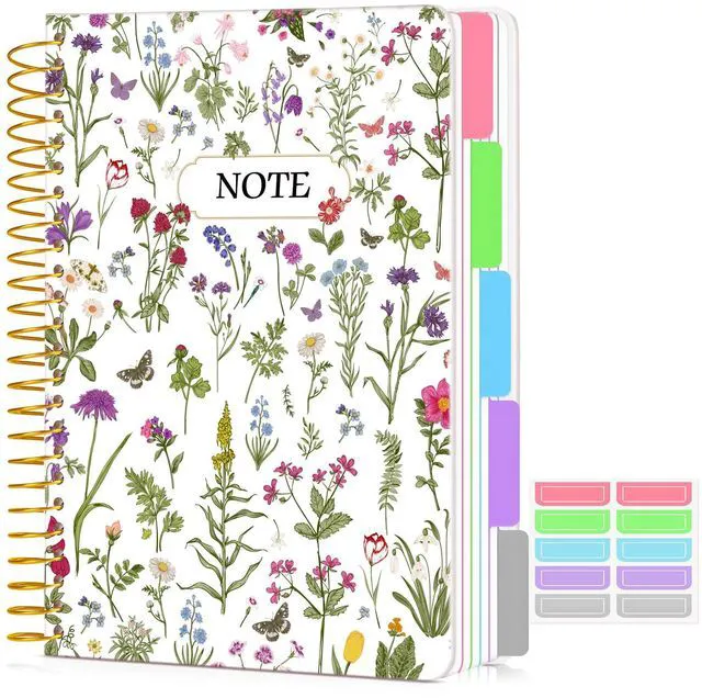 Main image of 5 Subject Notebook College Ruled 240 Pages, A5(5.8"x8.3") Hardcover Spiral Notebook with Removable Dividers Tabs, Lined Spiral Journal Notebook for Women, Notebooks for Work Schoolwhitespringflower