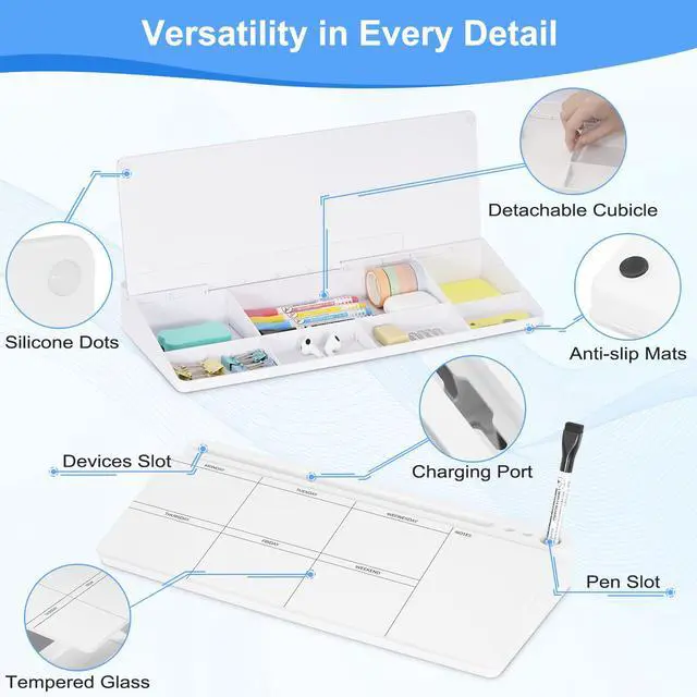 Alt view image 7 of 7 - Desktop Glass Whiteboard with Storage, Weekly Calendar Desk White Board Computer Keyboard Stand, Office Desk Organizers and Accessories with Drawer, To Do Memo Notepad, Home School Supplies