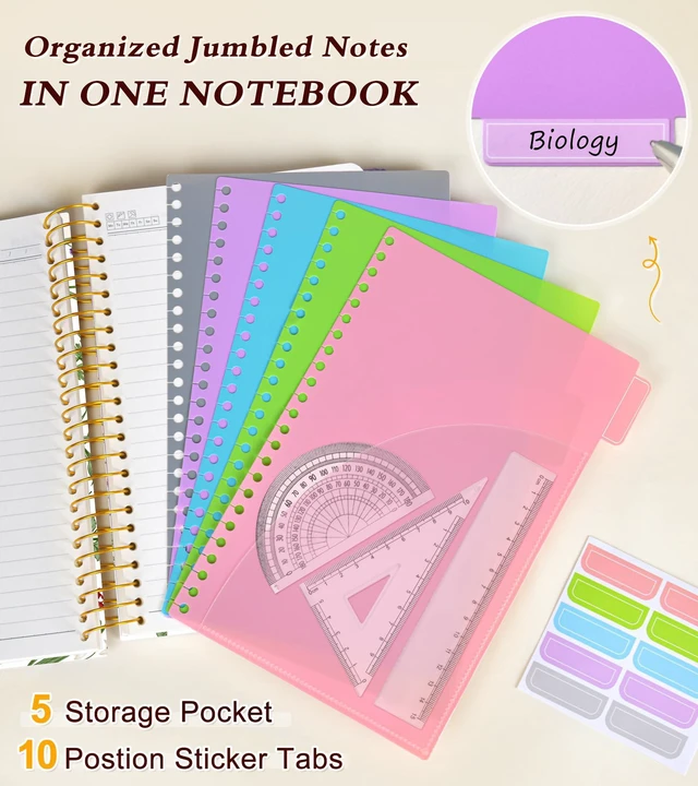 Alt view image 2 of 7 - 5 Subject Notebook College Ruled 240 Pages, A5(5.8"x8.3") Hardcover Spiral Notebook with Removable Dividers Tabs, Lined Spiral Journal Notebook for Women, Notebooks for Work Schoolwhitespringflower