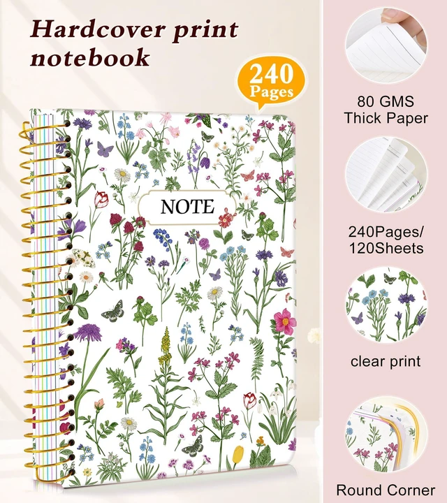 Alt view image 4 of 7 - 5 Subject Notebook College Ruled 240 Pages, A5(5.8"x8.3") Hardcover Spiral Notebook with Removable Dividers Tabs, Lined Spiral Journal Notebook for Women, Notebooks for Work Schoolwhitespringflower