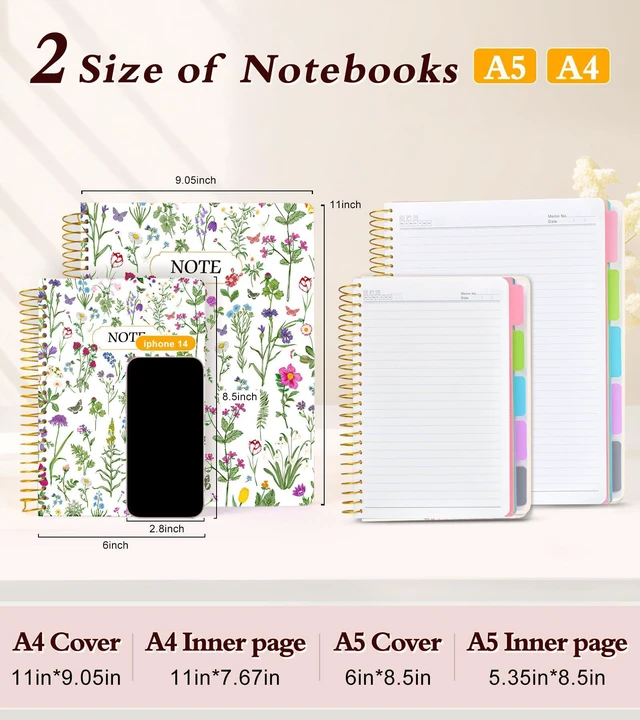 Alt view image 7 of 7 - 5 Subject Notebook College Ruled 240 Pages, A5(5.8"x8.3") Hardcover Spiral Notebook with Removable Dividers Tabs, Lined Spiral Journal Notebook for Women, Notebooks for Work Schoolwhitespringflower