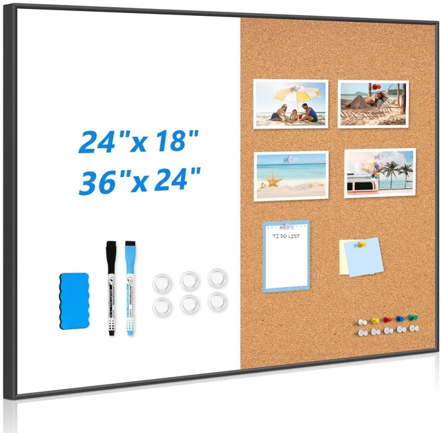 Main image of Magnetic Dry Erase White Board & Cork Board Combo, 36"x24", Wall Mounted Black Aluminum Frame, Dry Erase Board and Cork Bulletin Board, Vision Board, for Home Office, School, Kitchen