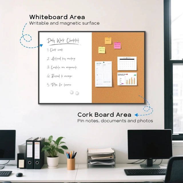 Alt view image 2 of 7 - Magnetic Dry Erase White Board & Cork Board Combo, 36"x24", Wall Mounted Black Aluminum Frame, Dry Erase Board and Cork Bulletin Board, Vision Board, for Home Office, School, Kitchen