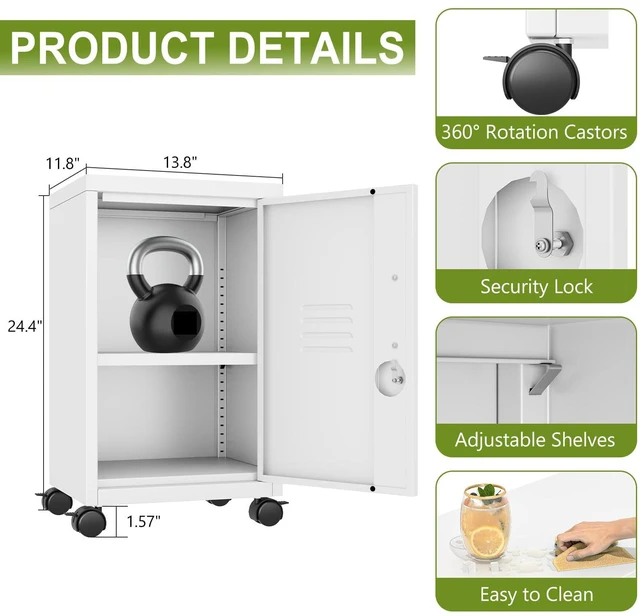 Alt view image 3 of 7 - 24.4" H White Lockable Rolling Metal Storage Locker Single Door, Adjustable Shelf, Steel Locker Organizer for Home, Office, School & Gym