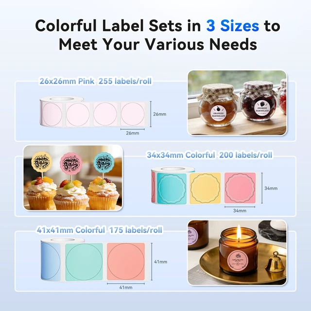 Alt view image 2 of 7 - Thermal Label Kit with 3 Rolls, Include 26×26mm, 34×34mm, 41×41mm Compatible for B1 B2 B21 B31 K3 B4 Label Printer, Waterproof Labeling Tape Replacement