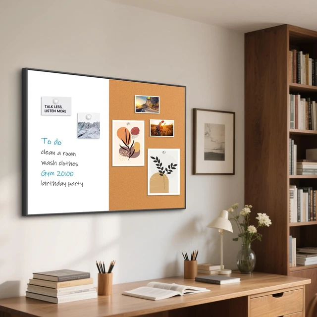 Alt view image 7 of 7 - Magnetic Dry Erase White Board & Cork Board Combo, 36"x24", Wall Mounted Black Aluminum Frame, Dry Erase Board and Cork Bulletin Board, Vision Board, for Home Office, School, Kitchen