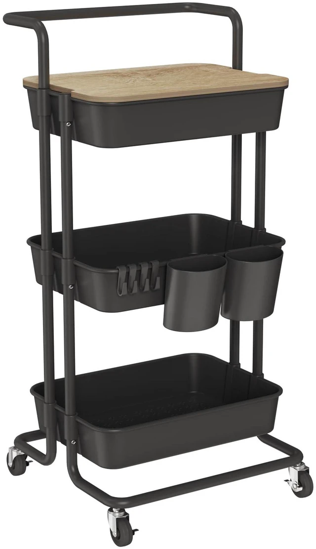 Main image of 3 Tier Rolling Cart Uility Cart with Cover Board, Mobile Storage Cart with Wheels, Cups, Hooks for Office Utility Kitchen Bathroom Homeschool Art Craft Postpartum Teacher Cart Organizer(Black)