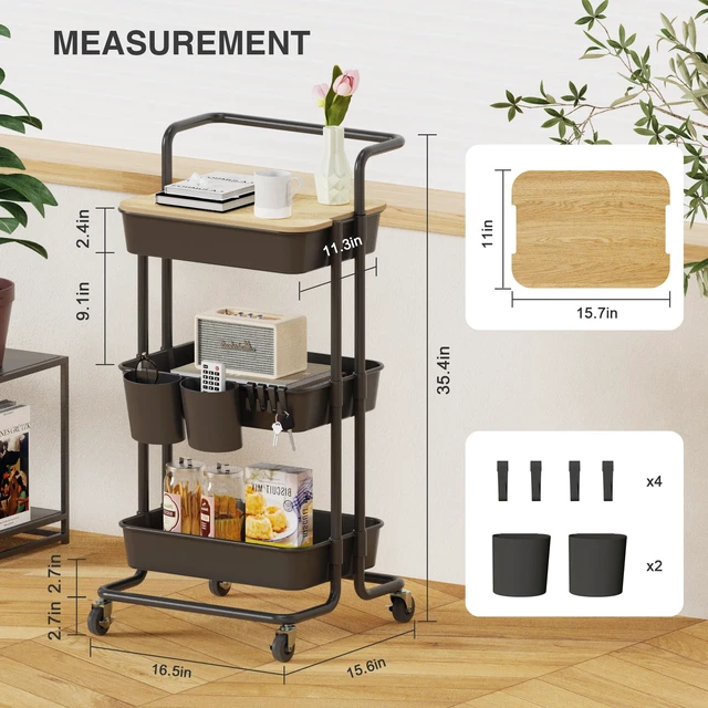 Alt view image 2 of 6 - 3 Tier Rolling Cart Uility Cart with Cover Board, Mobile Storage Cart with Wheels, Cups, Hooks for Office Utility Kitchen Bathroom Homeschool Art Craft Postpartum Teacher Cart Organizer(Black)