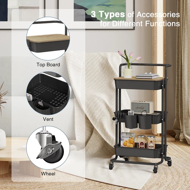 Alt view image 3 of 6 - 3 Tier Rolling Cart Uility Cart with Cover Board, Mobile Storage Cart with Wheels, Cups, Hooks for Office Utility Kitchen Bathroom Homeschool Art Craft Postpartum Teacher Cart Organizer(Black)