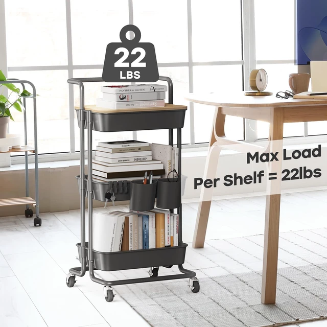 Alt view image 5 of 6 - 3 Tier Rolling Cart Uility Cart with Cover Board, Mobile Storage Cart with Wheels, Cups, Hooks for Office Utility Kitchen Bathroom Homeschool Art Craft Postpartum Teacher Cart Organizer(Black)