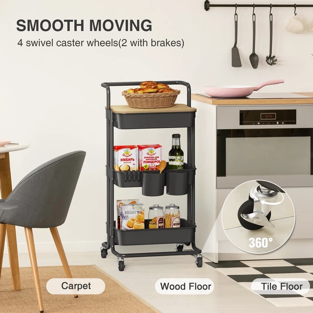 Alt view image 4 of 6 - 3 Tier Rolling Cart Uility Cart with Cover Board, Mobile Storage Cart with Wheels, Cups, Hooks for Office Utility Kitchen Bathroom Homeschool Art Craft Postpartum Teacher Cart Organizer(Black)