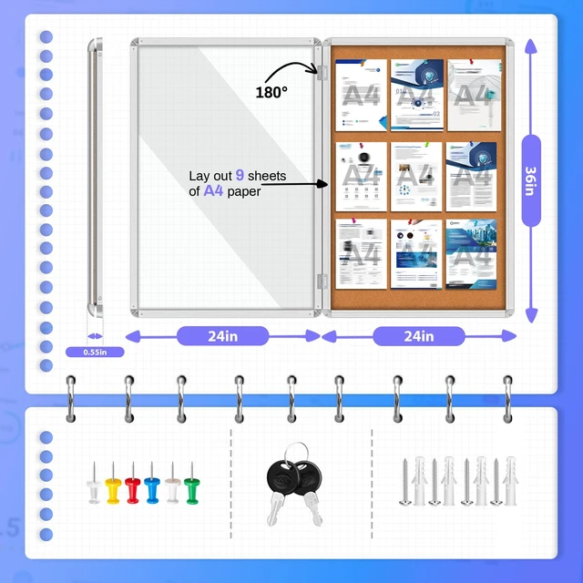 Alt view image 3 of 7 - 36"x24" Enclosed Bulletin Board Tamper-Proof Dispaly Case, Aluminium Frame, Shatter Resistant Lockable Bulletin Board, Enclosed Cork Board for School, Office, Commercial, Hospital etc