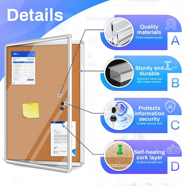 Alt view image 4 of 7 - 36"x24" Enclosed Bulletin Board Tamper-Proof Dispaly Case, Aluminium Frame, Shatter Resistant Lockable Bulletin Board, Enclosed Cork Board for School, Office, Commercial, Hospital etc