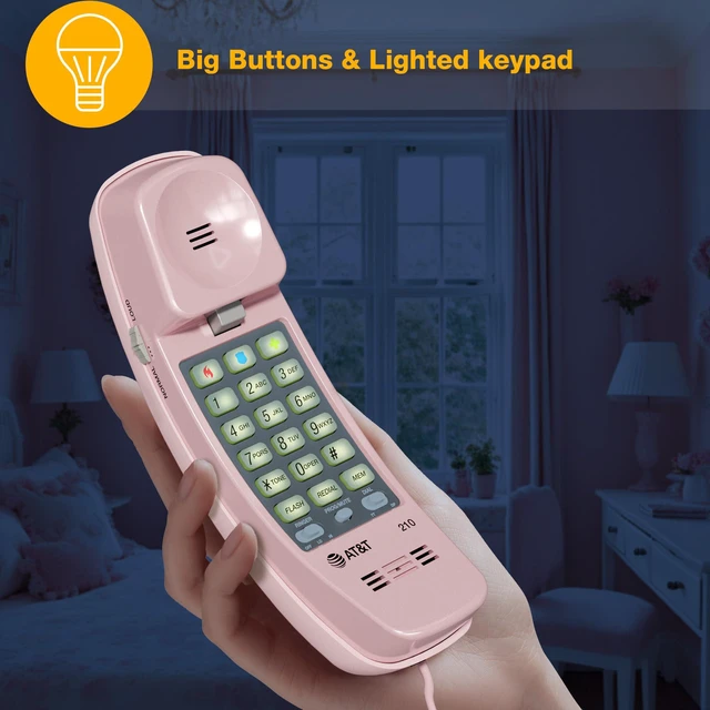 Alt view image 4 of 7 - TRIMLINE 210 Corded Home Phone, No AC Power Required, Improved Easy-wall-mount, Lighted Big Button Keypad, 13 SpeedDial Keys, Last Number Redial, Mute, Flash, Volume Control, Princess Phone, PINK