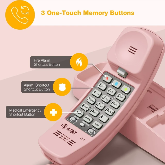 Alt view image 5 of 7 - TRIMLINE 210 Corded Home Phone, No AC Power Required, Improved Easy-wall-mount, Lighted Big Button Keypad, 13 SpeedDial Keys, Last Number Redial, Mute, Flash, Volume Control, Princess Phone, PINK