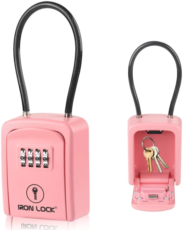 Main image of ® Key Lock Box with Code, Portable Cable Shackle (Small, Pink) Holds 2-3 house keys or an access card; 11-in steel cable loops on gate or rail; weather-resistant; no app or battery