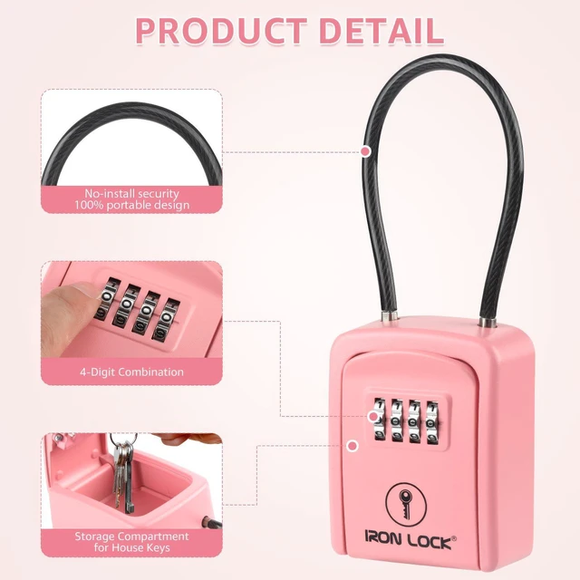 Alt view image 4 of 7 - ® Key Lock Box with Code, Portable Cable Shackle (Small, Pink) Holds 2-3 house keys or an access card; 11-in steel cable loops on gate or rail; weather-resistant; no app or battery