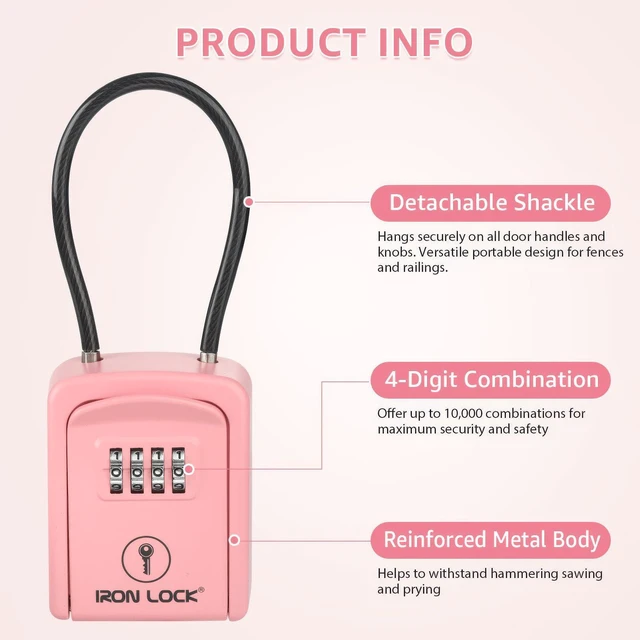 Alt view image 3 of 7 - ® Key Lock Box with Code, Portable Cable Shackle (Small, Pink) Holds 2-3 house keys or an access card; 11-in steel cable loops on gate or rail; weather-resistant; no app or battery