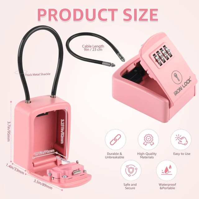 Alt view image 5 of 7 - ® Key Lock Box with Code, Portable Cable Shackle (Small, Pink) Holds 2-3 house keys or an access card; 11-in steel cable loops on gate or rail; weather-resistant; no app or battery