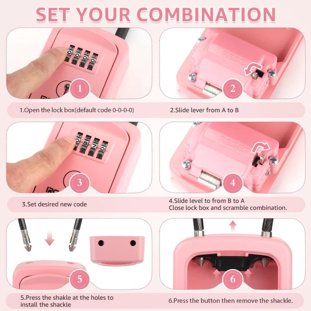 Alt view image 7 of 7 - ® Key Lock Box with Code, Portable Cable Shackle (Small, Pink) Holds 2-3 house keys or an access card; 11-in steel cable loops on gate or rail; weather-resistant; no app or battery
