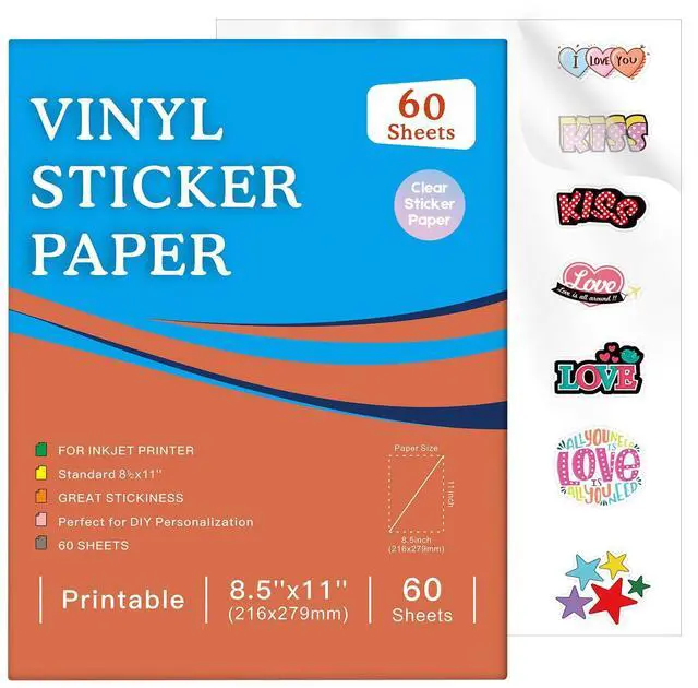 Main image of Printable Clear Sticker Paper, 60 Sheets, 8.5x11, for Inkjet Quick-Drying Surface, Vivid Prints, Removable, Tear-Resistant, Clear Labels and Custom Crafts for Cutting Machines