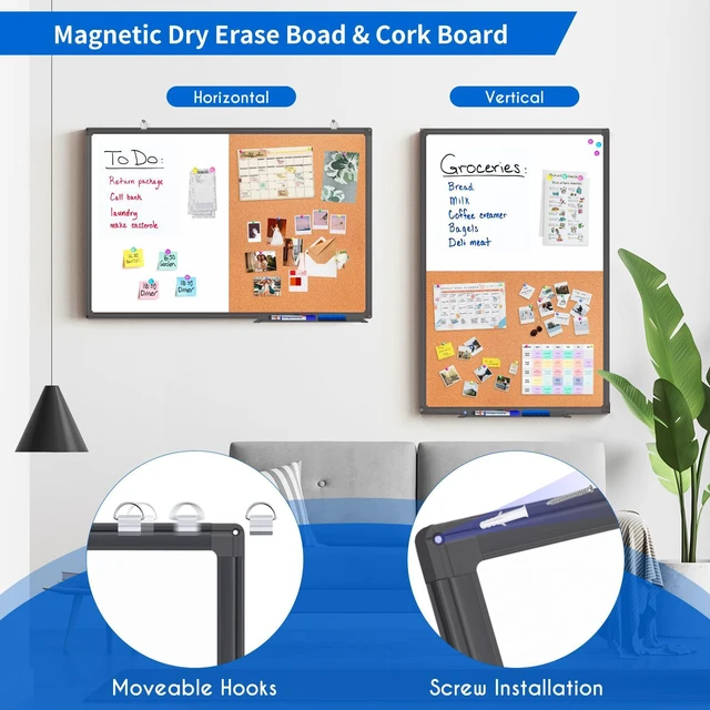 Alt view image 2 of 7 - Magnetic White Board and Cork Board Combo 24" x 18" Aluminum FrameBlack Dry Erase Bulletin Board, Wall Mounted or Hanging. Dual-function Surface for Writing & Pinning. Ideal for Home, Office, Shool