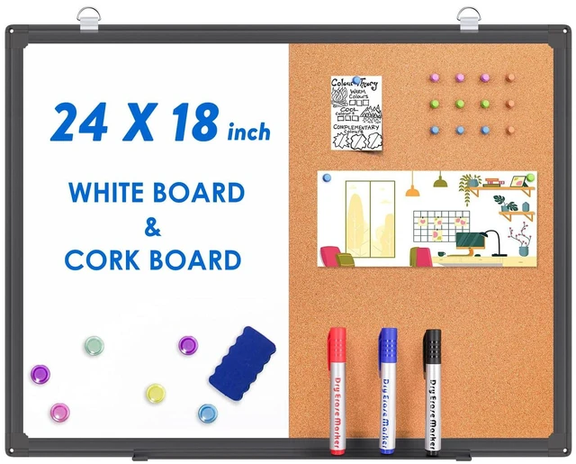 Main image of Magnetic White Board and Cork Board Combo 24" x 18" Aluminum FrameBlack Dry Erase Bulletin Board, Wall Mounted or Hanging. Dual-function Surface for Writing & Pinning. Ideal for Home, Office, Shool