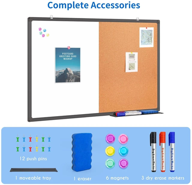 Alt view image 4 of 7 - Magnetic White Board and Cork Board Combo 24" x 18" Aluminum FrameBlack Dry Erase Bulletin Board, Wall Mounted or Hanging. Dual-function Surface for Writing & Pinning. Ideal for Home, Office, Shool
