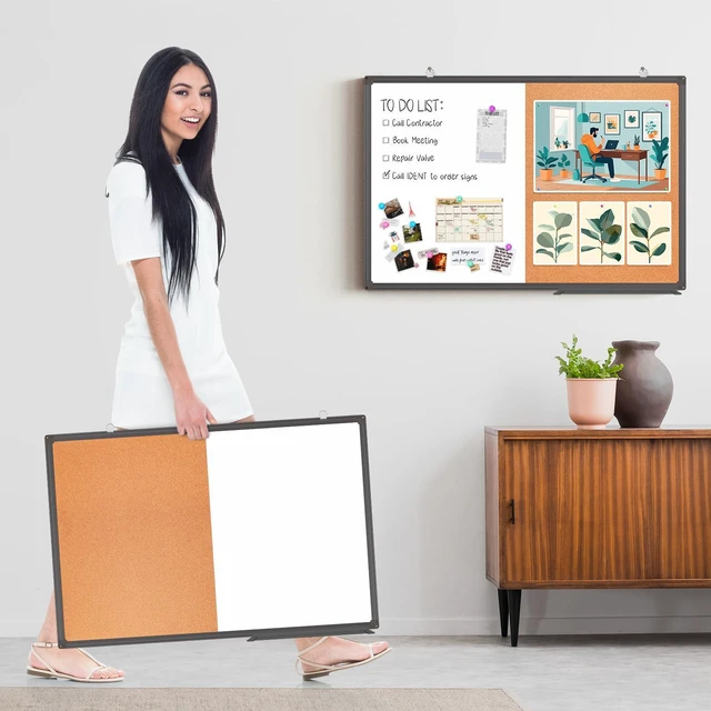Alt view image 5 of 7 - Magnetic White Board and Cork Board Combo 24" x 18" Aluminum FrameBlack Dry Erase Bulletin Board, Wall Mounted or Hanging. Dual-function Surface for Writing & Pinning. Ideal for Home, Office, Shool