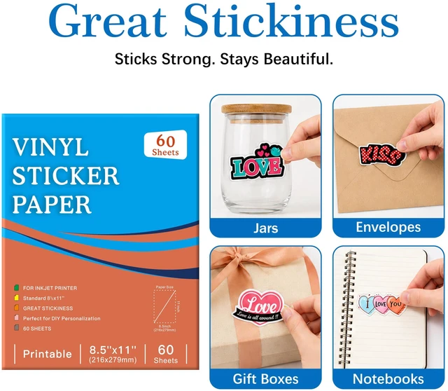 Alt view image 3 of 7 - Printable Clear Sticker Paper, 60 Sheets, 8.5x11, for Inkjet Quick-Drying Surface, Vivid Prints, Removable, Tear-Resistant, Clear Labels and Custom Crafts for Cutting Machines