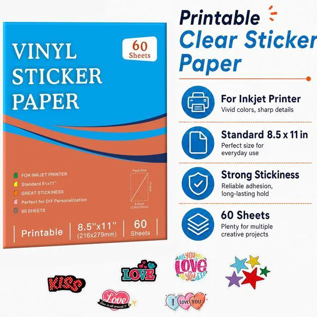 Alt view image 2 of 7 - Printable Clear Sticker Paper, 60 Sheets, 8.5x11, for Inkjet Quick-Drying Surface, Vivid Prints, Removable, Tear-Resistant, Clear Labels and Custom Crafts for Cutting Machines