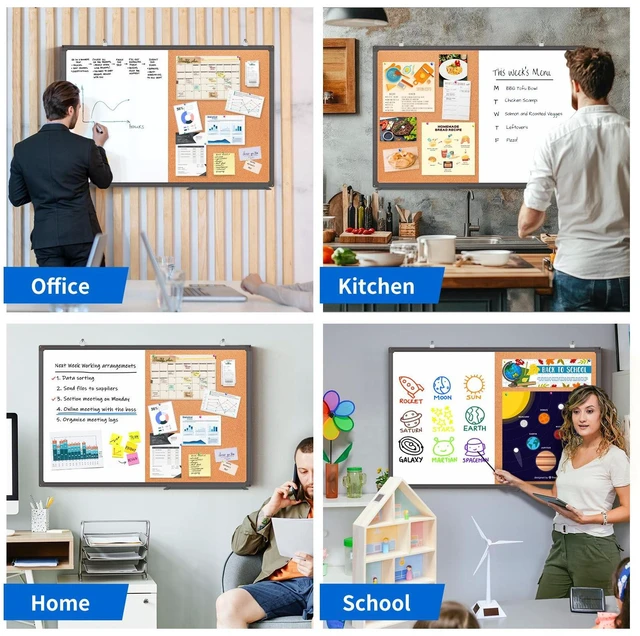 Alt view image 7 of 7 - Magnetic White Board and Cork Board Combo 24" x 18" Aluminum FrameBlack Dry Erase Bulletin Board, Wall Mounted or Hanging. Dual-function Surface for Writing & Pinning. Ideal for Home, Office, Shool