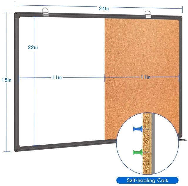 Alt view image 6 of 7 - Magnetic White Board and Cork Board Combo 24" x 18" Aluminum FrameBlack Dry Erase Bulletin Board, Wall Mounted or Hanging. Dual-function Surface for Writing & Pinning. Ideal for Home, Office, Shool