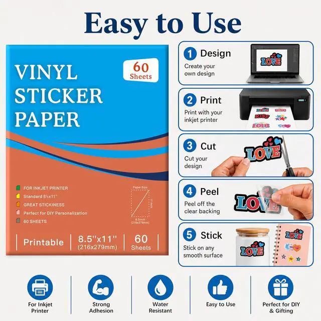 Alt view image 5 of 7 - Printable Clear Sticker Paper, 60 Sheets, 8.5x11, for Inkjet Quick-Drying Surface, Vivid Prints, Removable, Tear-Resistant, Clear Labels and Custom Crafts for Cutting Machines