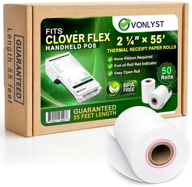 Main image of Clover Flex Paper Rolls 2 1/4" x 55 Thermal Receipt Paper 50 Rolls Pack - BPA Free POS Printer & Credit Card Machine Compatible C400 C401 C403 C405 C406