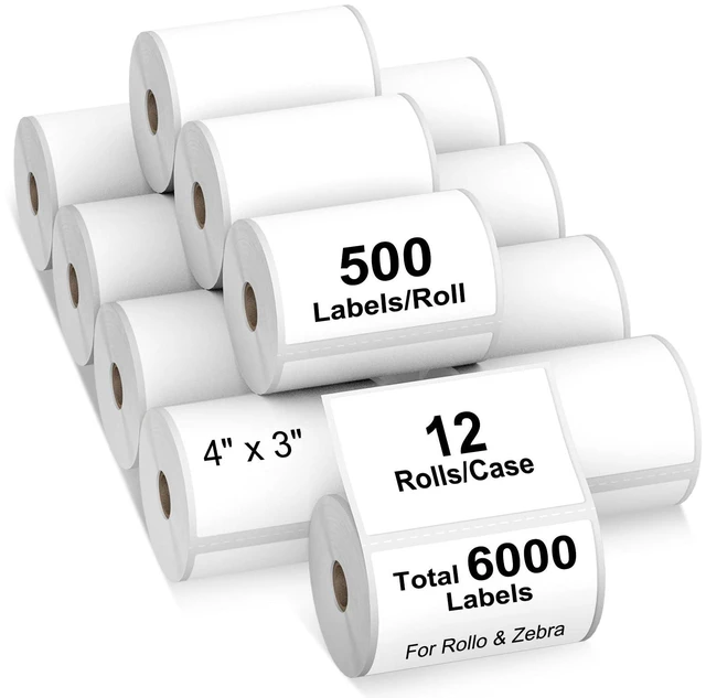 Main image of 12 Rolls 4" x 3" Direct Thermal Labels for Barcodes Postage Address Shipping Compatible with Rollo & Zebra Desktop Printers Adhesive - 500 Labels/Roll