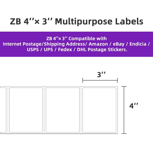 Alt view image 3 of 7 - 12 Rolls 4" x 3" Direct Thermal Labels for Barcodes Postage Address Shipping Compatible with Rollo & Zebra Desktop Printers Adhesive - 500 Labels/Roll