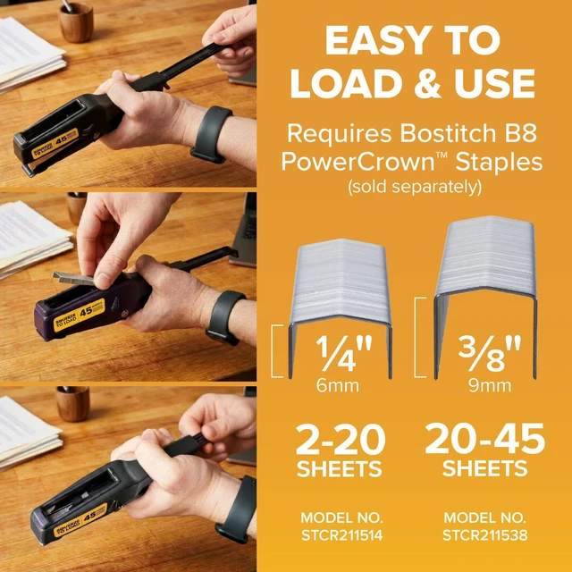 Alt view image 3 of 6 - B8 Heavy Duty Plier Stapler, 2-45 Sheet Capacity, No-Jam Technology, All-Metal Construction, Full Strip 210 Staple Capacity, Uses 1/4 & 3/8 B8 PowerCrown Staples, Black