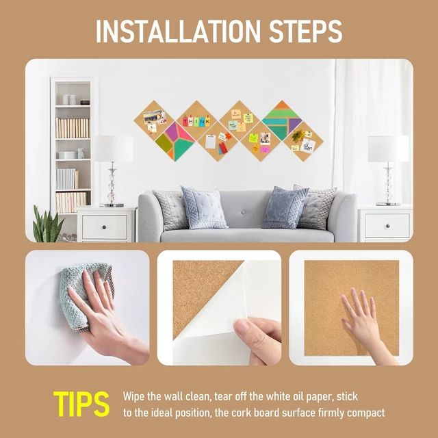 Alt view image 4 of 7 - Cork Board Tiles - 8 Packs Adhesive Corkboards for Wall,Small Cork Board Decorations, CorkBoard Squares, Cork Sheet Decorative CorkBoard for Office, School & Home