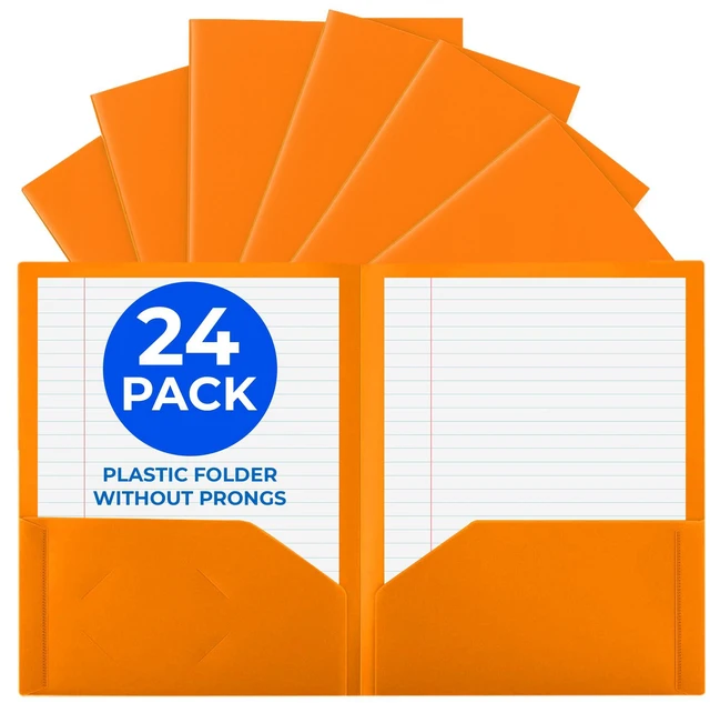 Main image of 24 Pack Orange Plastic Folders with Pockets Heavy Duty. 2 Pocket Folder no Prongs Bulk. Tear-Resistant Letter Size 8.5x11. Presentation Ready School and Office Supplies