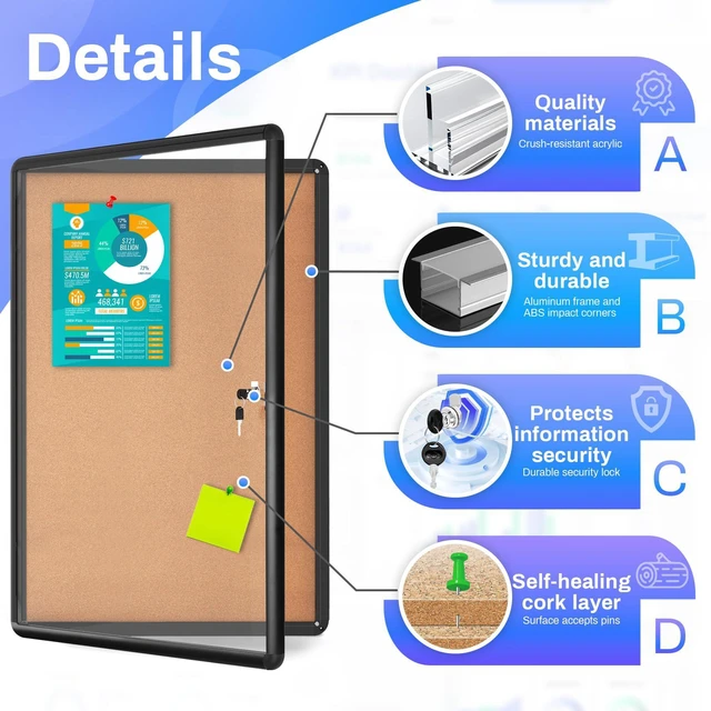Alt view image 4 of 7 - 36"x24" Enclosed Bulletin Board Tamper-Proof Dispaly Case, Black Aluminium Frame, Shatter Resistant Lockable Bulletin Board, Enclosed Cork Board for School, Office,Commercial,Hospital etc